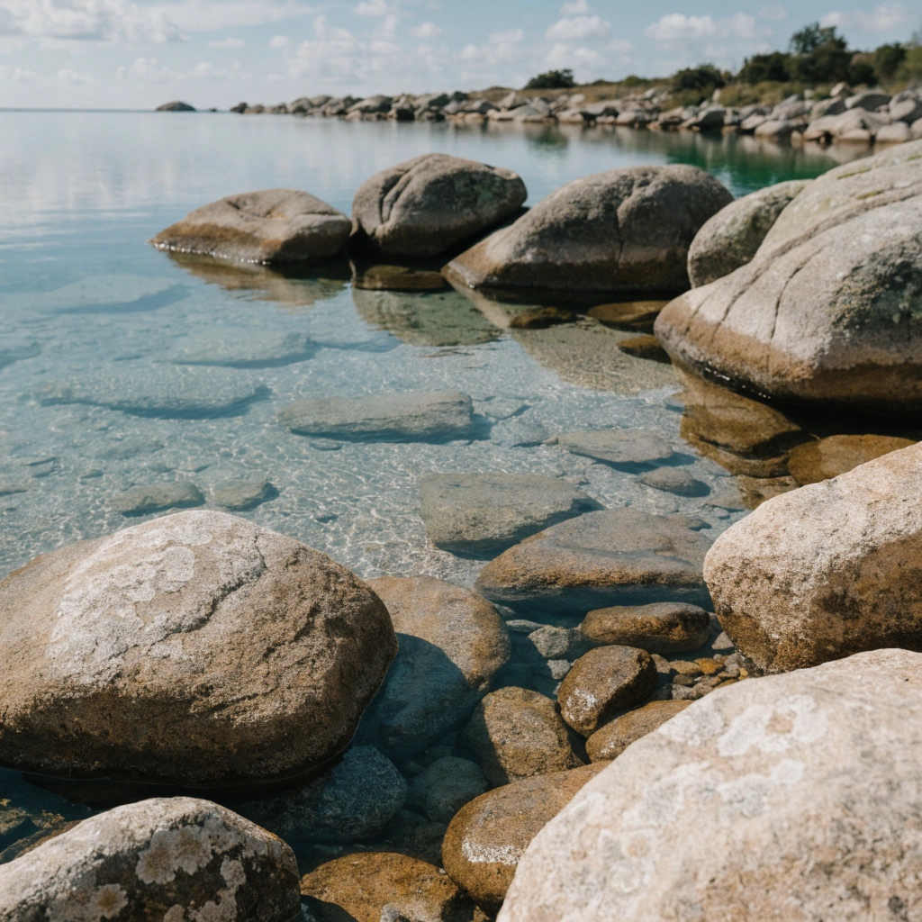 Soft, minimal nature scene with gentle sunlight on smooth stones beside a calm creek, conveying a peaceful and welcoming atmosphere.