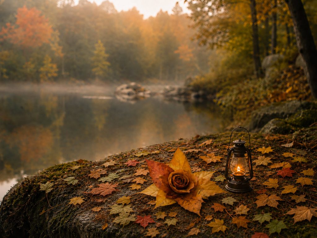 Shoreline rocks covered in autumn leaves lit by a lantern.