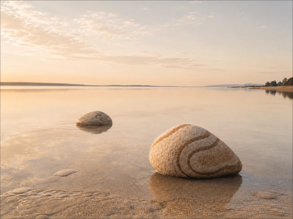 Two smooth river stones resting side by side on a calm shoreline, with soft golden light reflecting off the water.