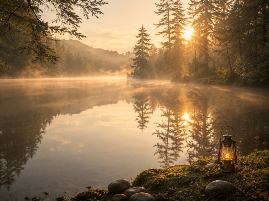 A serene lakeside scene at dawn with perfectly still water reflecting soft pastel light. Gentle mist rises from the surface, creating a sense of calm, restoration, and inner spaciousness.