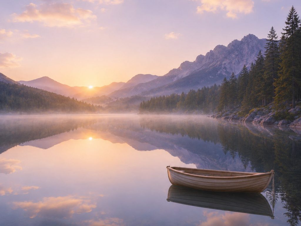 Canoe anchored in glass carp waters in a mountain lake at dawn.