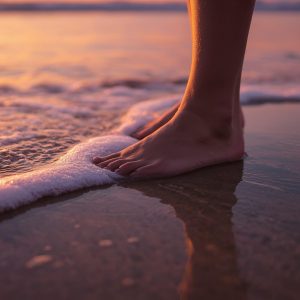 Bare feet enjoying ocean waves on the beach