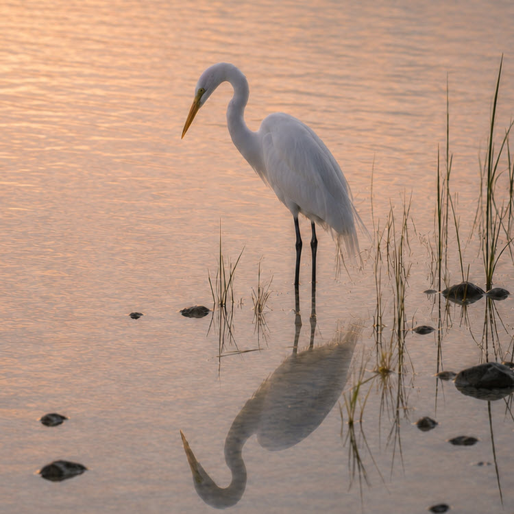 Crane standing in shallow calm waters.