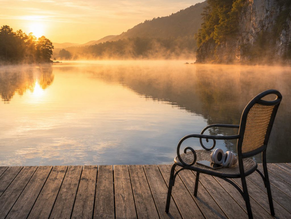 Empty chair on deck overlooking lake with headphones and phone