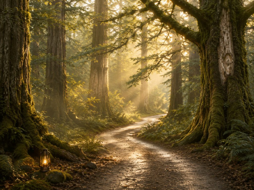 Path leading through the forest, guided by a lantern
