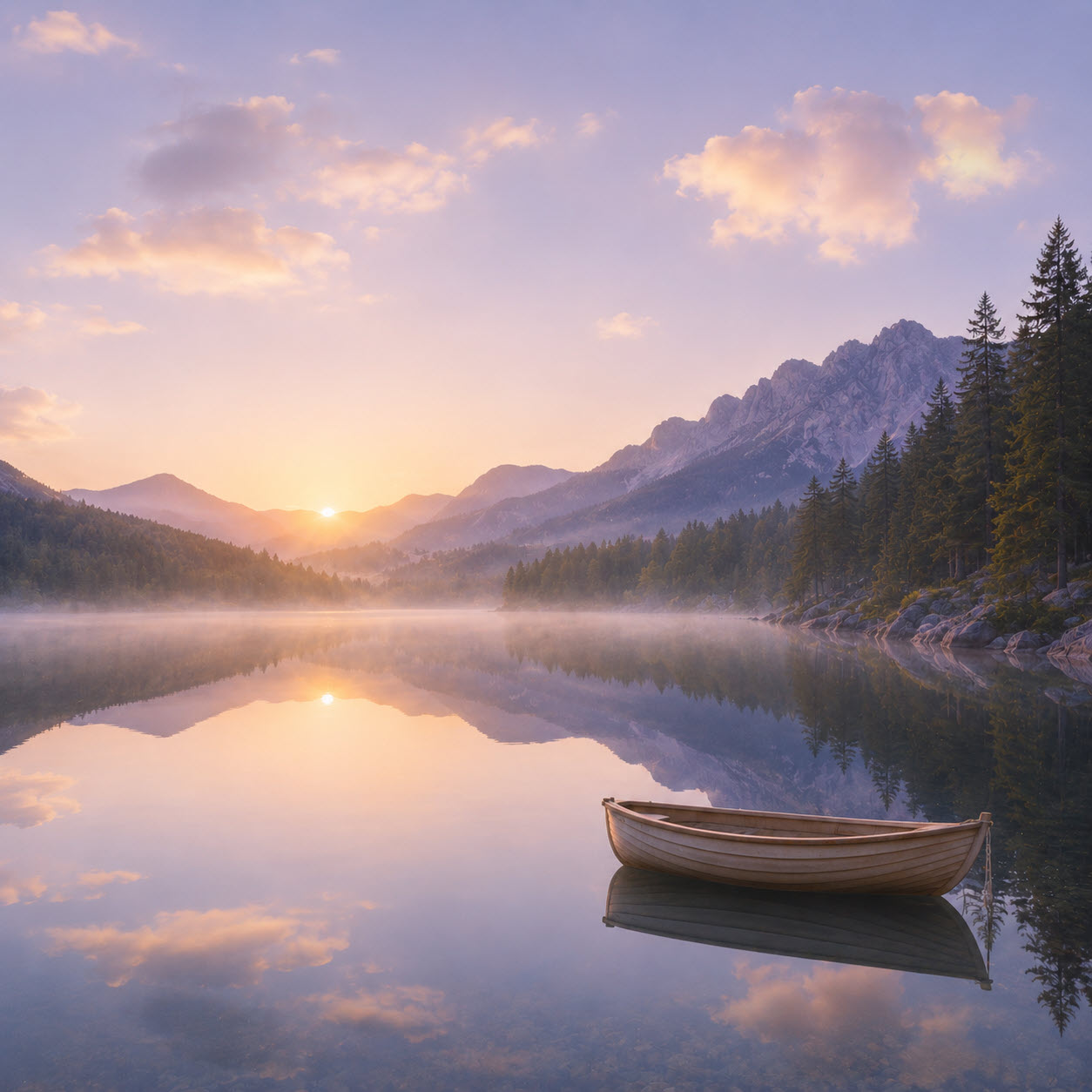 Canoe anchored in glass carp waters in a mountain lake at dawn.