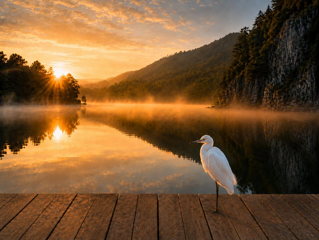 Crane standing on a dock overlooking a lake at dusk.