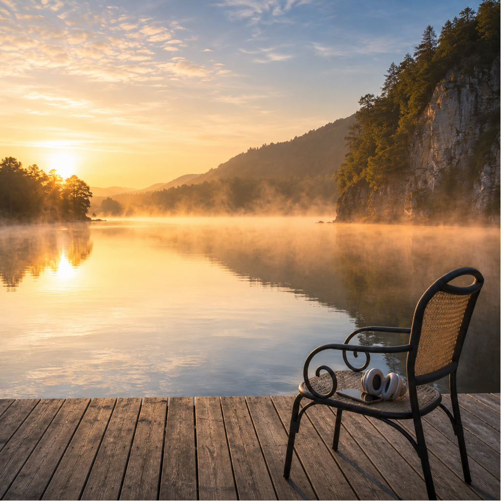Chair sitting on the dock by the lake at sunrise